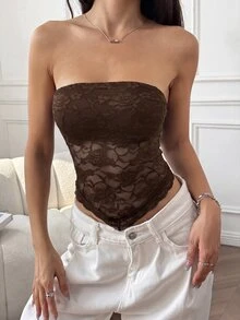 SHEIN EZwear 女款性感蕾絲方領抹胸上衣 - 棕色 - 查看 6