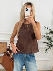 Easowa Spring/Summer Brown Floral Embroidered Sleeveless Round Neck Women's Blouse, Back Button, Casual 70s Boho Vacation, Music Festival, Brunch - Mocha Brown - View 4