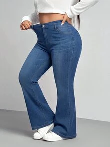 Lounesse Plus Size Casual Washed Flare Jeans - Blue - View 3