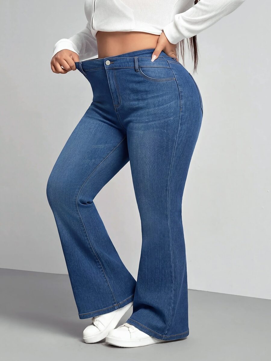 Lounesse Celana Jeans Flare Kasual Ukuran Besar dengan Motif Cuci - Biru - View 1