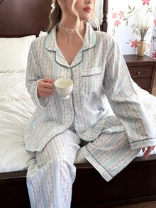 CottageSlumber Plus Size Bubble Crepe Chain Print Lapel Cardigan Long Sleeve Pants Pajama Set - Multicolor - View 1