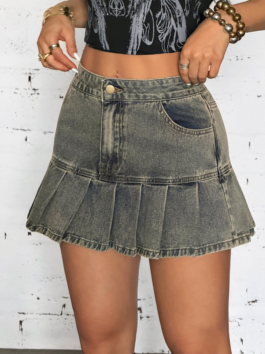 StreetHx Rok Mini Denim Wanita Seksi dengan Kancing dan Saku serta Hem Berumbai - Biru - View 1