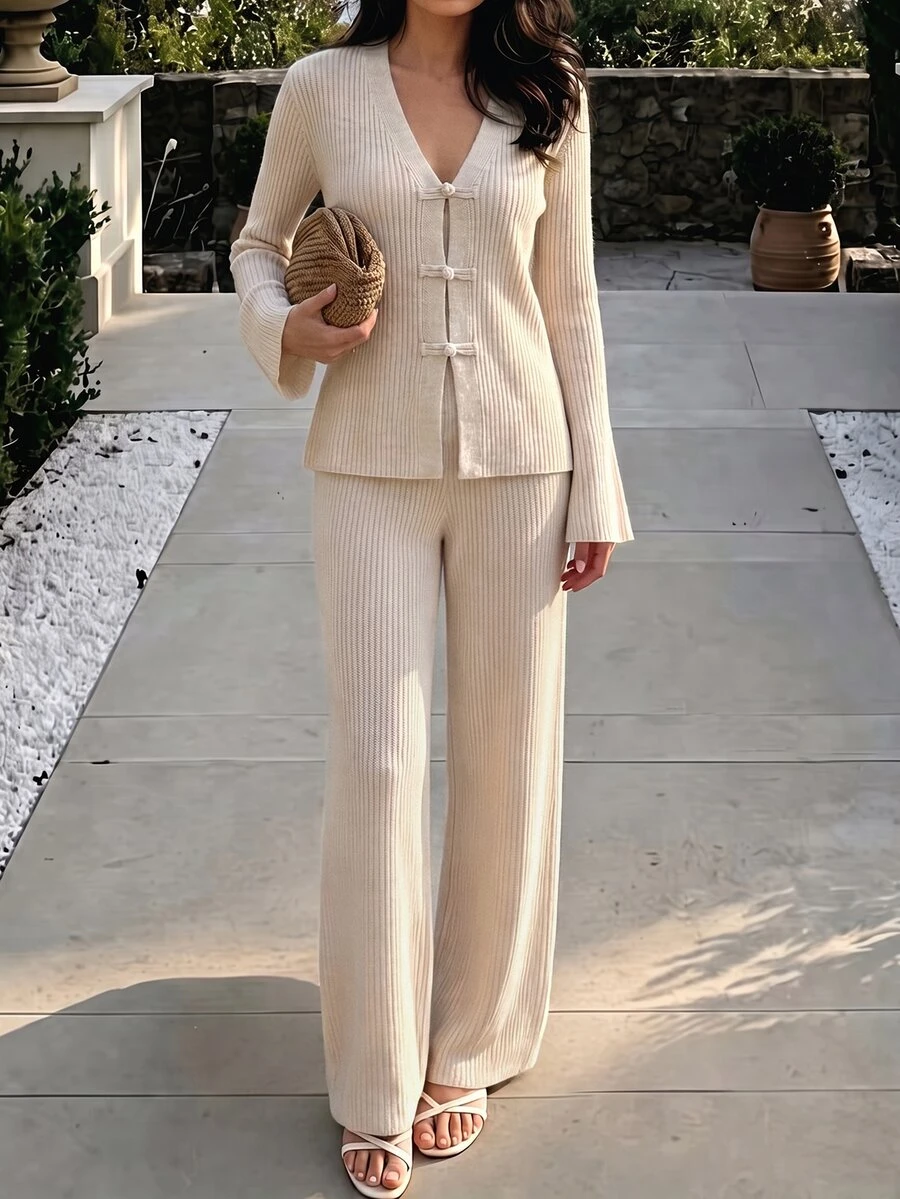 Pariaura Casual V-Neck Long Sleeve Sweater With Frog Button +Straight Leg Pants,Beige  Women Autumn Set, Fall Winter 2026,Going Out Tops,Women Classy Tops