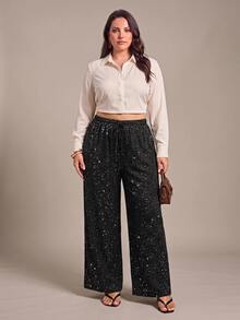 Hourglow Plus Size Drawstring Waist Sequin Fashion Straight Leg Loose Fit Long Pants - Black - View 6