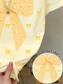 1件少女夏季休閒T恤，仿珍珠大蝴蝶結圖案滿版印花迷你蝴蝶結圓領短袖上衣 - 彩色 - 查看 5