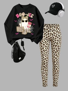 Tween Girl Cartoon Print Long Sleeve Sweatshirt And Leopard Print Leggings Set - Multicolor - View 2