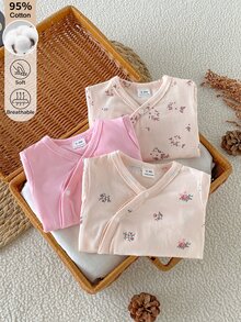 SHEIN 3件組新生兒淺粉色長袖連身衣，0-12個月女嬰柔軟親膚修身內搭連身衣 - 彩色 - 查看 1