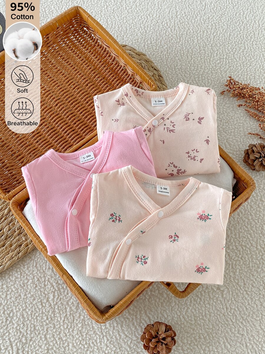 SHEIN 3件組新生兒淺粉色長袖連身衣,0-12個月女嬰柔軟親膚修身內搭連身衣 - 彩色 - 查看 1
