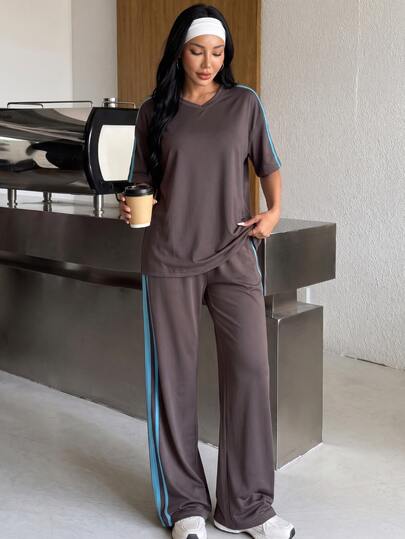 Muchica Women's Gray Brown V-Neck Short Sleeve Top & Wide Leg Pants Contrast Side Stripes High Stretch Sports Set Breathable Quick Dry Gym Running Activewear