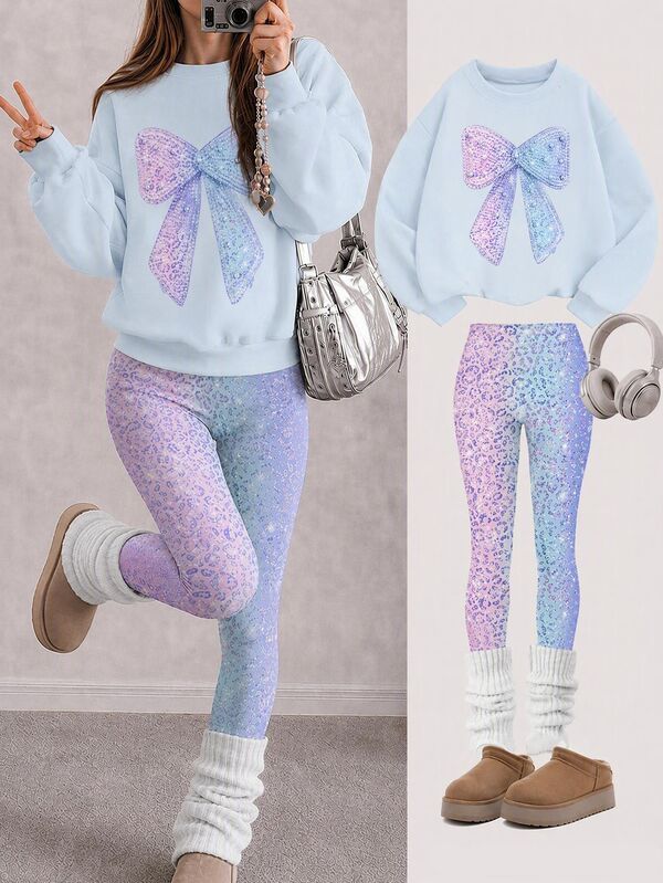 Conjunto de 2 piezas para niñas, sudadera de cuello redondo con estampado de lazo, degradado púrpura y rosa, estampado de leopardo y rayas, y leggings degradados, casual, cómodo, versátil y personalizado, adecuado para todas las estaciones, salidas, escuela y talla grande