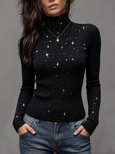 Trelyra Women's Stand Collar Rhinestone Embellished Casual Versatile Daily Wear Long Sleeve Black Sequin Sweater