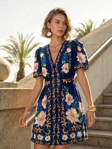 CAJUNI Summer Short Puff Sleeve Floral Dress - Blue - View 4