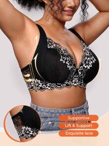 Bareli Dear Plus Size Sexy Lace Patchwork Push-Up Bra, Adjustable Shape, Minimizing Large Bust, Side-Boob Coverage, Underwire Lingerie, 1pc - Black and White - View 7