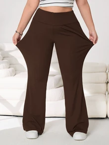 Solflare Plus Size Women Casual Versatile Solid Color High Waist Flare Pants - Brown - View 7
