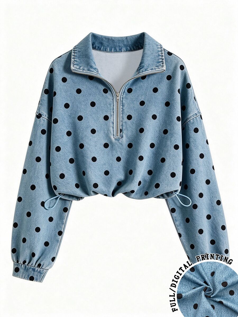 Airaco Women's Polka Dot Print American Vintage Half-Zip Niche Sweatshirt - Blue - View 1