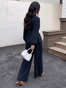 Solavon Women's Button-Up Pleated Long Sleeve Shirt And Loose Long Pants 2 Pieces Set - Navy Blue - View 2