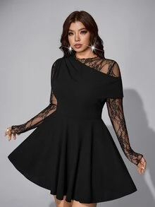 Viva Relle Gaun Pesta Kasual Patchwork Renda untuk Wanita Ukuran Plus - Hitam - View 1