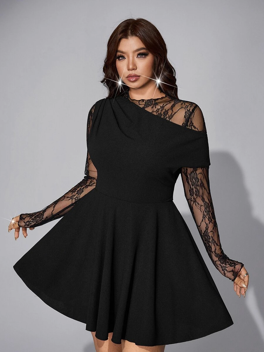 Viva Relle Gaun Pesta Kasual Patchwork Renda untuk Wanita Ukuran Plus - Hitam - View 1