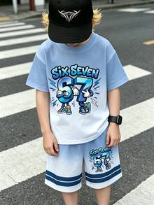 1套男童夏季套裝 67號卡通印花漸層短袖T恤與短褲2件套，兒童運動休閒舒適T恤套裝，校園與外出穿搭，酷帥小男孩夏季穿著，熱銷爆款童裝，孩子必備！媽媽省心的選擇，酷帥小男孩必備夏季穿著，拼色條紋 - 彩色 - 查看 6