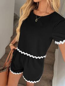 Easowa Casual Vacation Elegant Set Round Neck Short Sleeve Cropped Shirt And A-Line Shorts With Diagonal Pockets, Contrast Wave Trim, 100% Cotton - Black - View 5