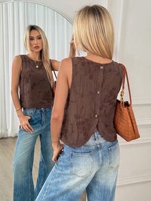 Easowa Spring/Summer Brown Floral Embroidered Sleeveless Round Neck Women's Blouse, Back Button, Casual 70s Boho Vacation, Music Festival, Brunch - Mocha Brown - View 1