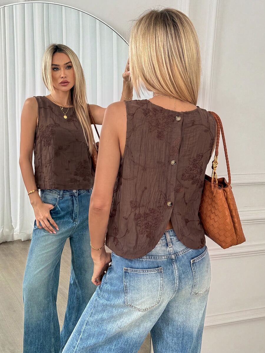 Easowa Spring/Summer Brown Floral Embroidered Sleeveless Round Neck Women's Blouse, Back Button, Casual 70s Boho Vacation, Music Festival, Brunch - Mocha Brown - View 1