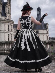 Whyspr Women's Halloween Costume Black & White Contrast Skeleton Print Sleeveless Square Neck A-Line Dress - Black - View 6