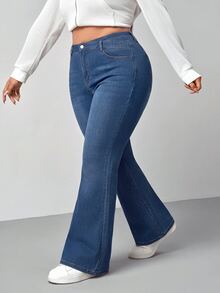 Lounesse Plus Size Casual Washed Flare Jeans - Blue - View 2
