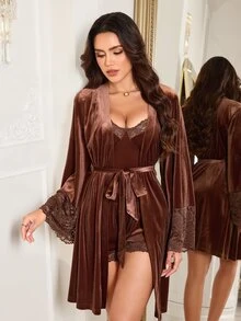 LuxeNights Women's Middle Eastern Elegant Lace Patchwork Brown Velvet Camisole & Shorts 3 PiecesPajama Set - Brown - View 1