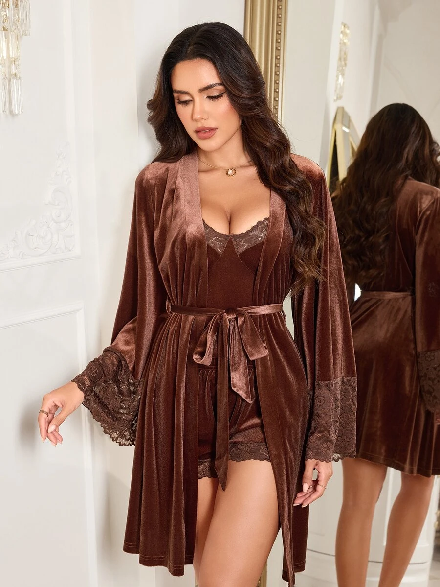 LuxeNights Women's Middle Eastern Elegant Lace Patchwork Brown Velvet Camisole & Shorts 3 PiecesPajama Set - Brown - View 1