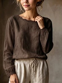 SHEIN Women's Casual Elegant Light Linen Color Round Neck Lace Trim Minimalist Commute Versatile Daily Blouse - Brown - View 5