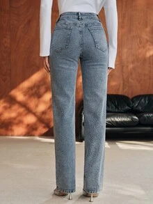 Anewsta Women's New Fashion Heavy Embellished Rhinestone Blue Jeans Straight Leg Long Pants - Blue - View 7