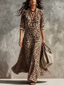 Trelyra Gaun Kasual Longgar Wanita Lengan Panjang Leher V Motif Leopard, Musim Gugur - Khaki - View 6