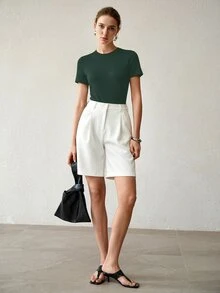 MOTF PREMIUM 夏季時尚百搭修身圓領女款T恤 - 墨綠色 - 查看 5