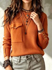 Linhara CURVE Sweater Pullover Rajut Bergaris Warna Polos Ukuran Besar untuk Wanita dengan Saku Depan, Gaya Kasual Minimalis untuk Perjalanan Sehari-hari di Musim Gugur/Dingin dan Halloween - Jeruk - View 1