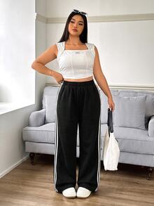 SHEIN EZwear 新款大尺碼休閒黑色簡約百搭女款寬腿褲，75%棉 - 黑色 - 查看 4