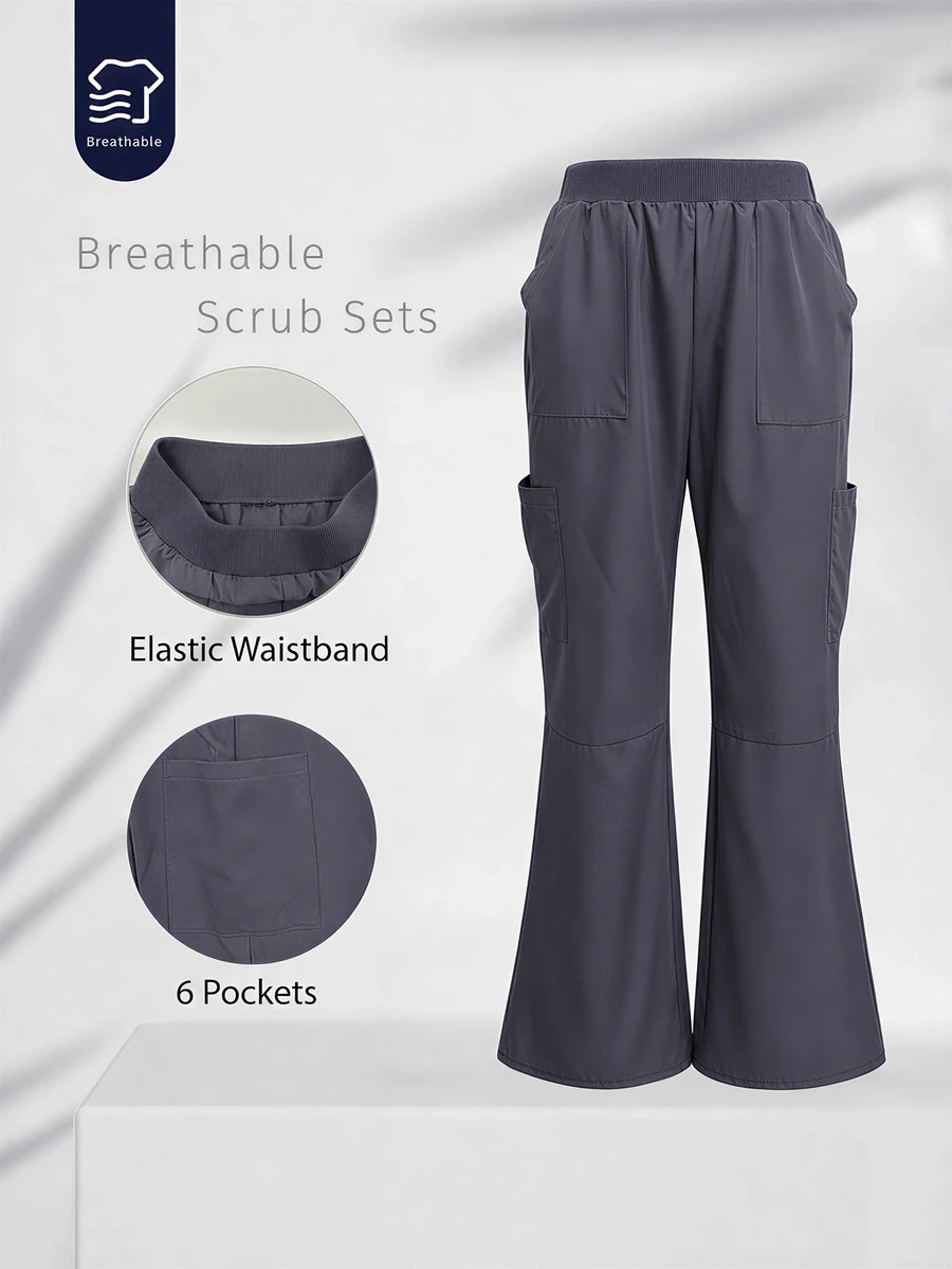 TaskEZ Dark Gray Multi-Pocket Flared Long Comfortable Scrub Pants - Grey - View 1