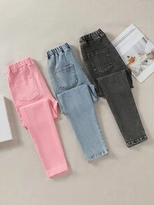 SHEIN TWEEN GIRLS Jeans 3-Piece Set, High Elasticity Comfortable Soft Denim Fabric, Three-Color Multi-Piece Set, Waist Button Detail, Casual All-Match Style, Versatile Fit, Minimalist Design. Suitable For Autumn/Winter Wear, Autumn New Arrival, High Cost-Performance Multi-Piece Set - Multicolor - View 5