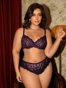 Divavoom Curvy Plus Size Sheer Lace Lingerie Set | Unlined Underwire Bra Matching Panties - Purple - View 5