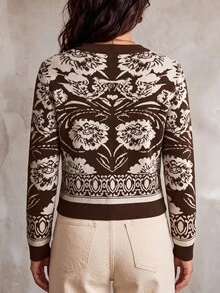 Linhara CURVE Plus Size Vintage Jacquard Fashion Button Long Sleeve Knit Cardigan - Coffee Brown - View 2