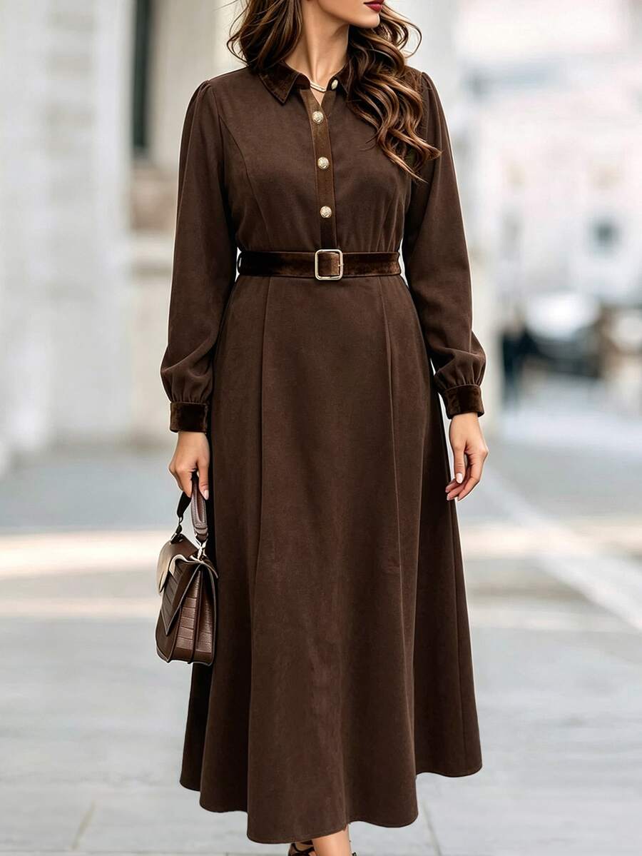 Linhara CURVE Elegant vävd höstklänning i plus size - Kaffebrun - Visa 1