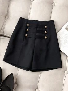 SHEIN Franclia 2026 Lady's Autumn-Winter New Style 3 PiecesPants, High-Waisted Slimming A-Line Black Wide-Leg Shorts With Metal Decorative Buttons, Luxurious And Exq - Black - View 5