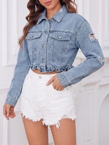 Flexra Women's Washed Distressed Denim Jacket With Ruffle Hem - Light Wash - View 3