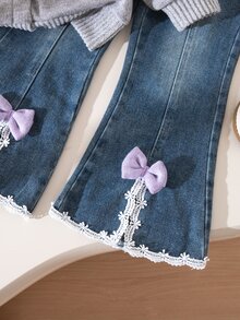 Genkimix Kids Young Girls Autumn Korean Style Minimalist Ribbon Bow Contrast Color Grey Long Sleeve Cardigan With Split Flare Denim Jeans Long Pants Autumn Outfit - Multicolor - View 3