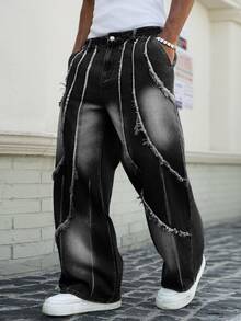 Manfinity LEGND Men's Hip Hop Streetwear Distressed Frayed Tie-Dye Washed Denim Wide Leg Pants - Black - View 1