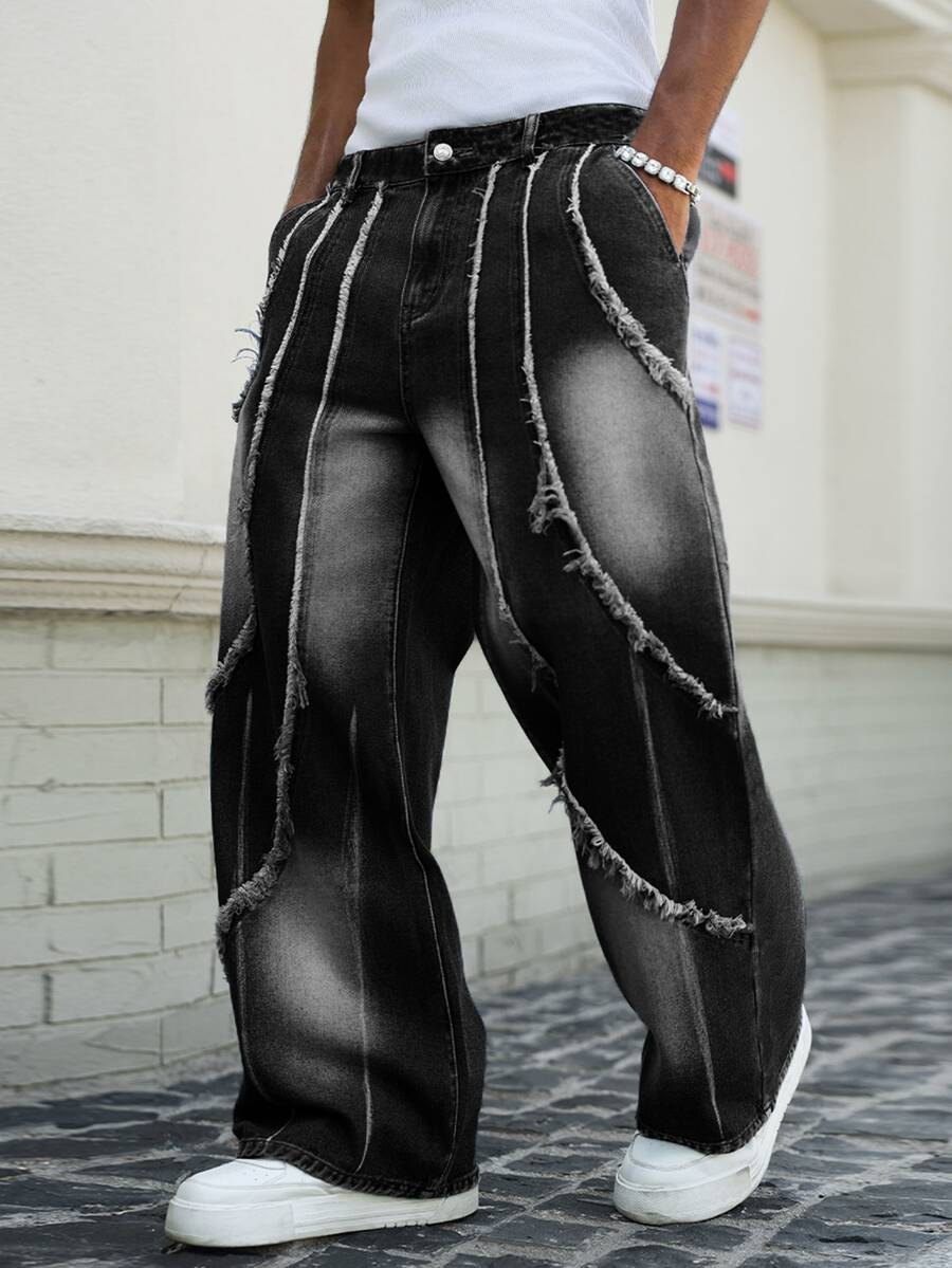 Manfinity LEGND Men's Hip Hop Streetwear Distressed Frayed Tie-Dye Washed Denim Wide Leg Pants - Black - View 1