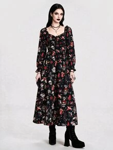 Breakform Halloween Dark Style Vintage Tattoo Print Waist-Cinching Slimming Dress - Multicolor - View 4