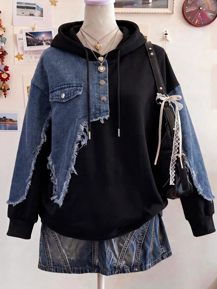 Lalippa Denim Patchwork Embroidery Design Fashion Minimalist Women's Sweatshirt, Gift For Friends - Black - View 1