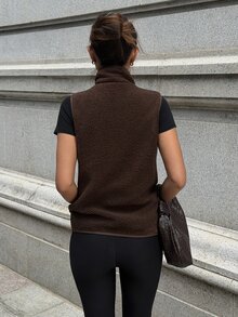 Flirla Women's Brown Lamb Fleece High Neck Sleeveless Pocket Vest Jacket, Fashionable Retro Style For Autumn/Winter - Brown - View 2