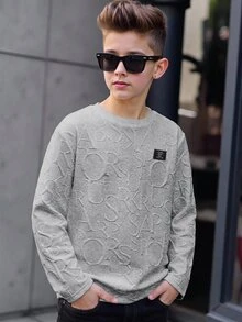 SHEIN 兒童青少年男孩休閒學院風運動灰色紋理提花金屬感面料套頭圓領長袖T恤，適合通勤、上學、日常休閒外出與運動，四季皆宜 - 灰色 - 查看 3